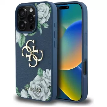 Carcasă spate Guess Grained Roses Big 4G Logo pentru Apple iPhone 16 Pro - albastru
