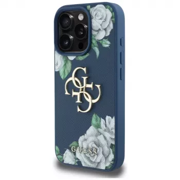 Husă telefon Guess Grained Roses Big 4G Logo pentru iPhone 16 Pro Max, albastru