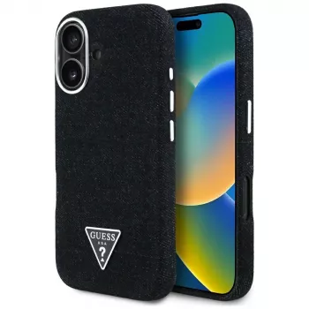 Husă MagSafe Guess Denim Triangle Logo pentru iPhone 16 neagră