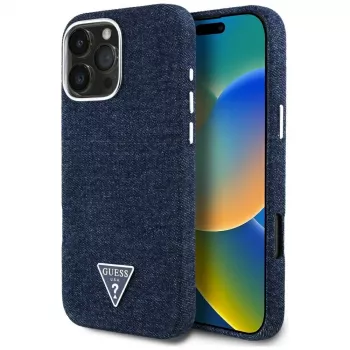 Husă MagSafe Guess Denim Triangle Logo pentru iPhone 16 Pro albastru