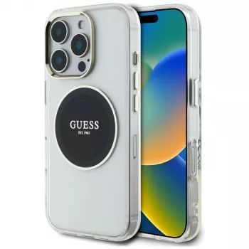 Husă MagSafe Guess IML Metal Colored Circle Classic Logo pentru iPhone 16 Pro (neagră)