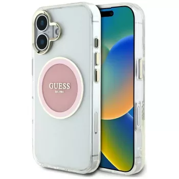 Husă MagSafe Guess IML Metal Colored Circle Classic Logo pentru iPhone 16 (roz)