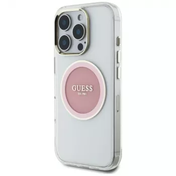 Husă MagSafe Guess IML Metal Colored Circle Classic Logo pentru iPhone 16 Pro (roz)