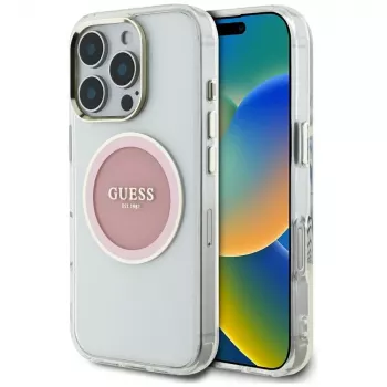Husă MagSafe Guess IML Metal Colored Circle Classic Logo pentru iPhone 16 Pro Max (roz)