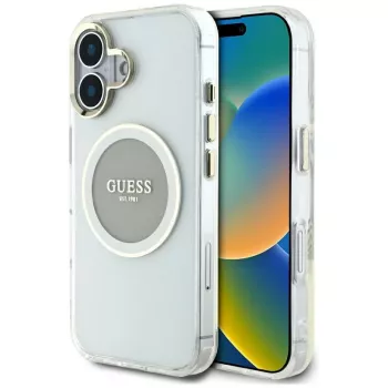 Husă MagSafe Guess IML Metal Colored Circle Classic Logo pentru iPhone 16 (gri)