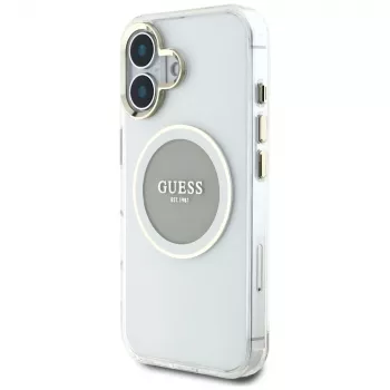 Husă MagSafe Guess IML Metal Colored Circle Classic Logo pentru iPhone 16 (gri)