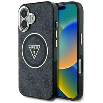 Husă MagSafe Guess IML Metal Glitter 4G Circle Triangle pentru Apple iPhone 16 (neagră)