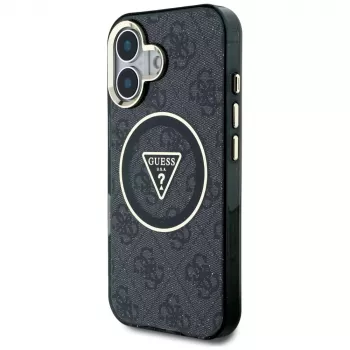 Husă MagSafe Guess IML Metal Glitter 4G Circle Triangle pentru Apple iPhone 16 (neagră)