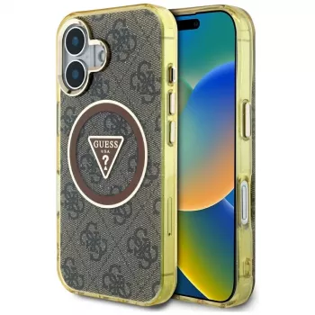 Husă MagSafe Guess IML Metal Glitter 4G Circle Triangle pentru iPhone 16 (maro)