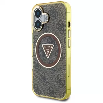 Husă MagSafe Guess IML Metal Glitter 4G Circle Triangle pentru iPhone 16 (maro)