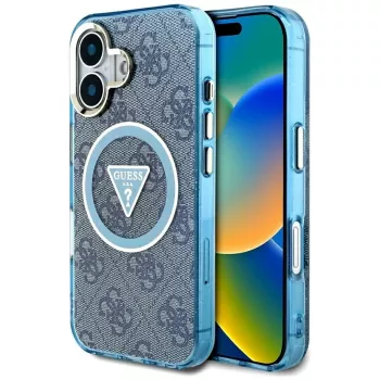 Husă MagSafe Guess IML Metal Glitter 4G Circle Triangle pentru iPhone 16 (albastru)