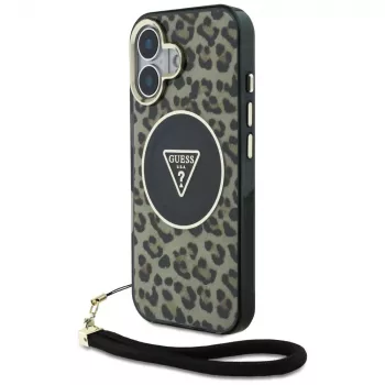 Husă Guess HC IML Leopard Triangle pentru iPhone 16 cu șnur, maro, MagSafe