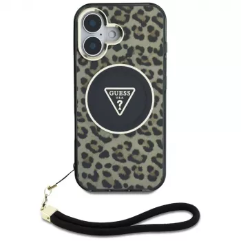 Husă Guess HC IML Leopard Triangle pentru iPhone 16 cu șnur, maro, MagSafe