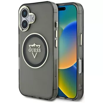 Husă MagSafe Guess IML Metal Mountain Logo pentru iPhone 16 (neagră)