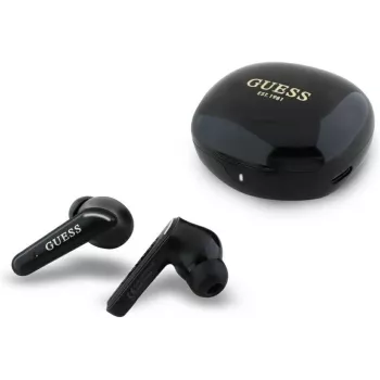 Căști TWS Guess Flat Classic Logo placate, cu carcasă de încărcare, negre