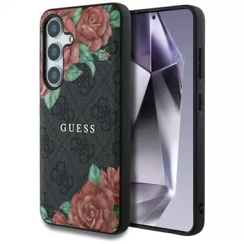 Guess Leather 4G Flowers Print Metal Classic Logo MagSafe husă pentru Samsung Galaxy S25, neagră