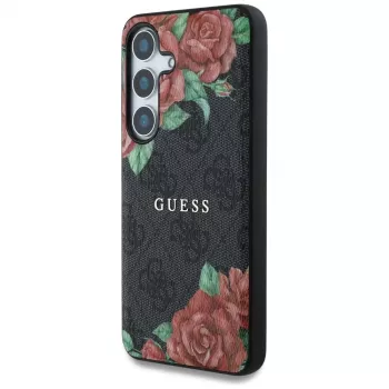 Guess Leather 4G Flowers Print Metal Classic Logo MagSafe husă pentru Samsung Galaxy S25, neagră