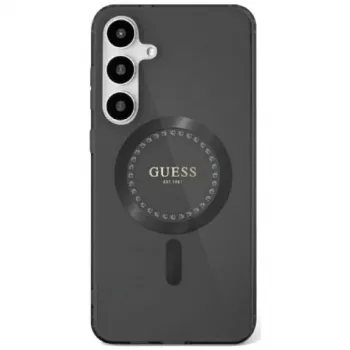 Husă MagSafe Guess Rhinestones Printed Classic Logo pentru Samsung Galaxy S25 (neagră)