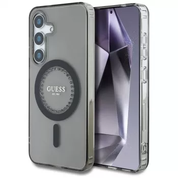 Husă MagSafe Guess Rhinestones Printed Classic Logo pentru Samsung Galaxy S25 (neagră)