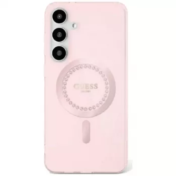 Husă MagSafe Guess Rhinestones Printed Classic Logo pentru Samsung Galaxy S25 (roz)