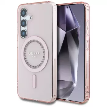 Husă MagSafe Guess Rhinestones Printed Classic Logo pentru Samsung Galaxy S25 (roz)