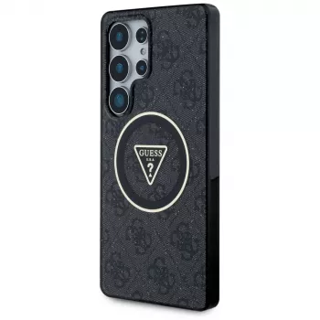 Husă MagSafe Guess 4G Glitter Triangle Buttons pentru Samsung Galaxy S25 Ultra, neagră