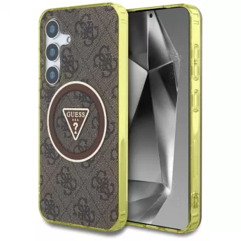 Husă MagSafe Guess 4G Glitter Triangle Buttons pentru Samsung Galaxy S25 (maro)