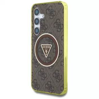 Husă MagSafe Guess 4G Glitter Triangle Buttons pentru Samsung Galaxy S25 (maro)
