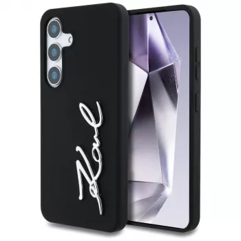 Husă KARL LAGERFELD Silicone Metal Signature Logo pentru Samsung Galaxy S25, neagră