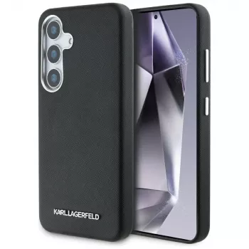 Husă MagSafe KARL LAGERFELD Saffiano FullWrapped Elongated Metal Logo pentru Samsung Galaxy S25+, neagră