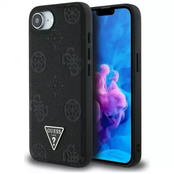 Husă MagSafe Guess Grained Hot Stamp Peony Triangle Logo pentru iPhone 16e (neagră)