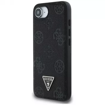 Husă MagSafe Guess Grained Hot Stamp Peony Triangle Logo pentru iPhone 16e (neagră)