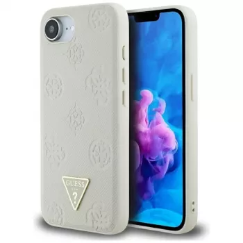 Husă MagSafe Guess Grained Hot Stamp Peony Triangle Logo pentru iPhone 16e (bej)