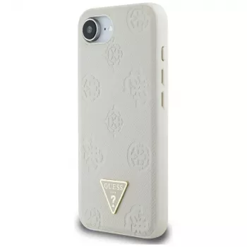 Husă MagSafe Guess Grained Hot Stamp Peony Triangle Logo pentru iPhone 16e (bej)