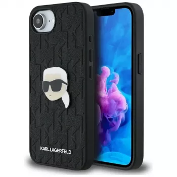 Husă Karl Lagerfeld Monogram Karl Head Pin pentru iPhone 16e / 17e, neagră