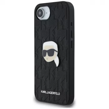 Husă Karl Lagerfeld Monogram Karl Head Pin pentru iPhone 16e / 17e, neagră
