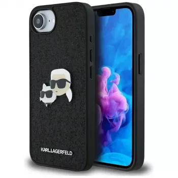 Husă Karl Lagerfeld Fixed Glitter Karl & Choupette Heads Metal Pin pentru Apple iPhone 16e (neagră)