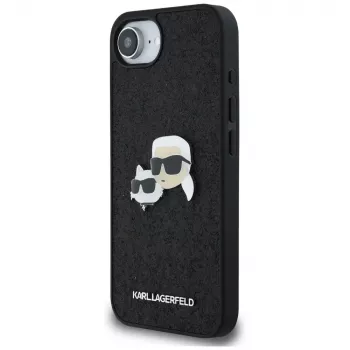 Husă Karl Lagerfeld Fixed Glitter Karl & Choupette Heads Metal Pin pentru Apple iPhone 16e (neagră)