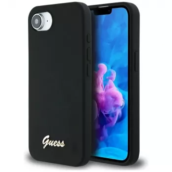 Husă MagSafe Guess Silicone Script Metal Logo pentru iPhone 16e (neagră)