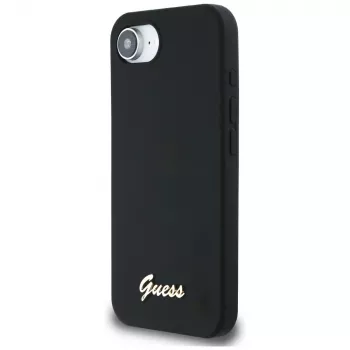 Husă MagSafe Guess Silicone Script Metal Logo pentru iPhone 16e (neagră)