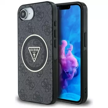 Husă MagSafe Guess IML Metal Glitter 4G Circle Triangle pentru iPhone 16e (neagră)
