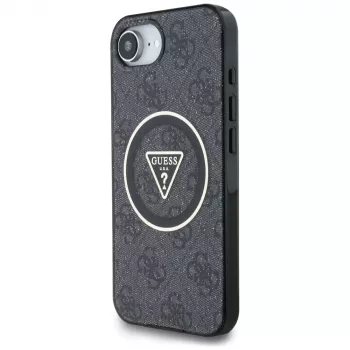 Husă MagSafe Guess IML Metal Glitter 4G Circle Triangle pentru iPhone 16e (neagră)