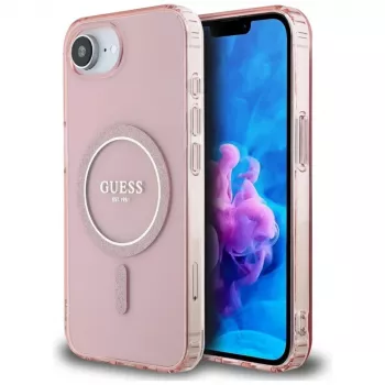 Husă Guess IML Glitter Circle MagSafe pentru iPhone 16e (roz)