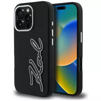 Husă Karl Lagerfeld FW Grained Signature Logo pentru iPhone 16 Pro, neagră