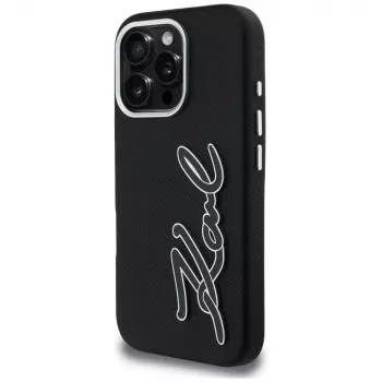 Husă Karl Lagerfeld FW Grained Signature Logo pentru iPhone 16 Pro, neagră