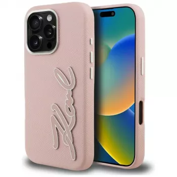 Husă rigidă KARL LAGERFELD FW Grained Signature Logo pentru iPhone 16 Pro, roz