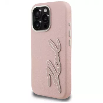 Husă rigidă KARL LAGERFELD FW Grained Signature Logo pentru iPhone 16 Pro, roz
