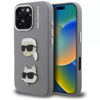 Husă KARL LAGERFELD FW Grained Karl & Choupette Heads Pins pentru iPhone 16 Pro Max, gri
