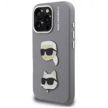Husă KARL LAGERFELD FW Grained Karl & Choupette Heads Pins pentru iPhone 16 Pro Max, gri