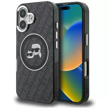 Husă Karl Lagerfeld IML Glitter Karl & Choupette Heads Logo MagSafe pentru iPhone 16, neagră